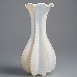 1950's 5" White Imperial Milk Glass Pearl Beaded Scalloped Rim Bud Vase VTG